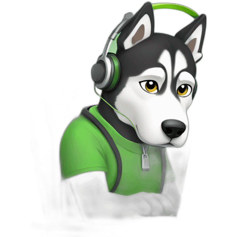 tired husky with headphones in a green T-shirt typing on the keyboard emoji