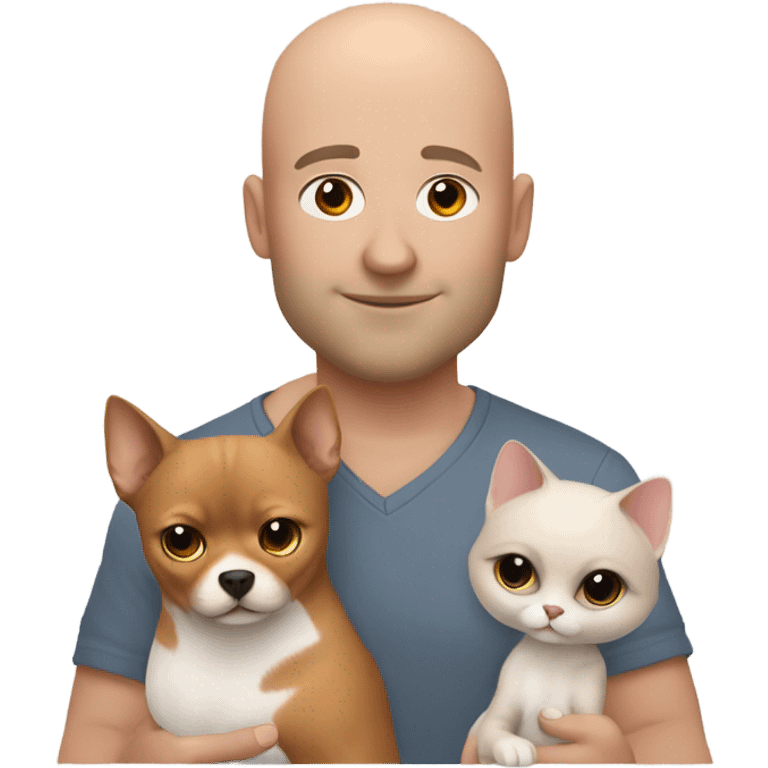 White, bald man is holding a grey, small sphinx cat and woman with dark, straight hair is holding orange, fluffy Pomeranian dog emoji