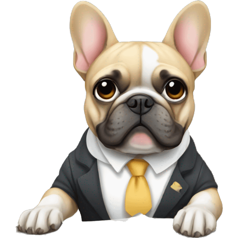 a french bulldog, sitting in a desk, working in a company emoji