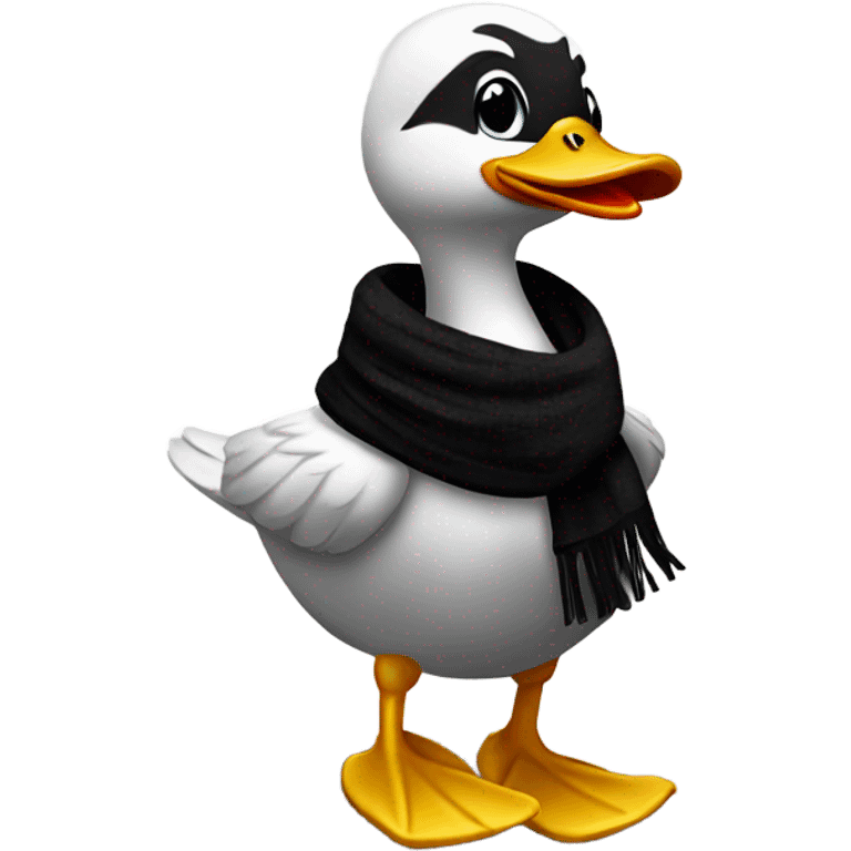 Happy duck that crossed the road and is black. Wearing a scarf emoji