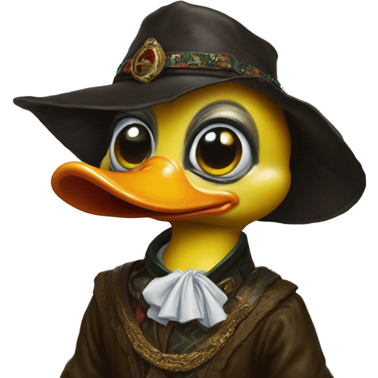 Warcraft Rubberduck in Gucci style, oil paint, mysterious eyes, intricate lips, masterpiece portrait , odd perspective, beautiful, desirable, logical emoji