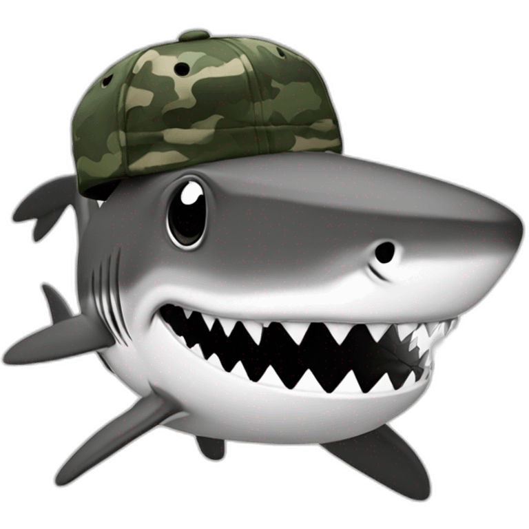 cartoon shark standing with a camouflage cap on its head,black and white emoji