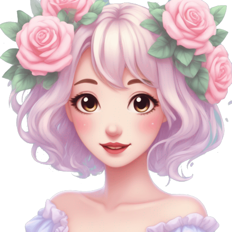 Gorgeous pastel anime style lady with blushing face and roses cottagecore fairycore pastelcore shiny colorful pearly petite simplistic aesthetic trending style emoji