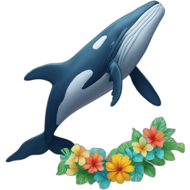 humpback whale wearing a colorful flower lei emoji