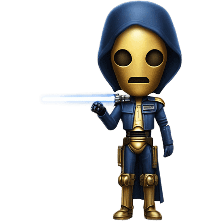 well-equipped jedi first order human-sized darkblue-pearl C3po as a friendly bounty hunter droid wearing a leather attire old west duster coat holding light saber ready to fight but relaxed. antiqued emoji