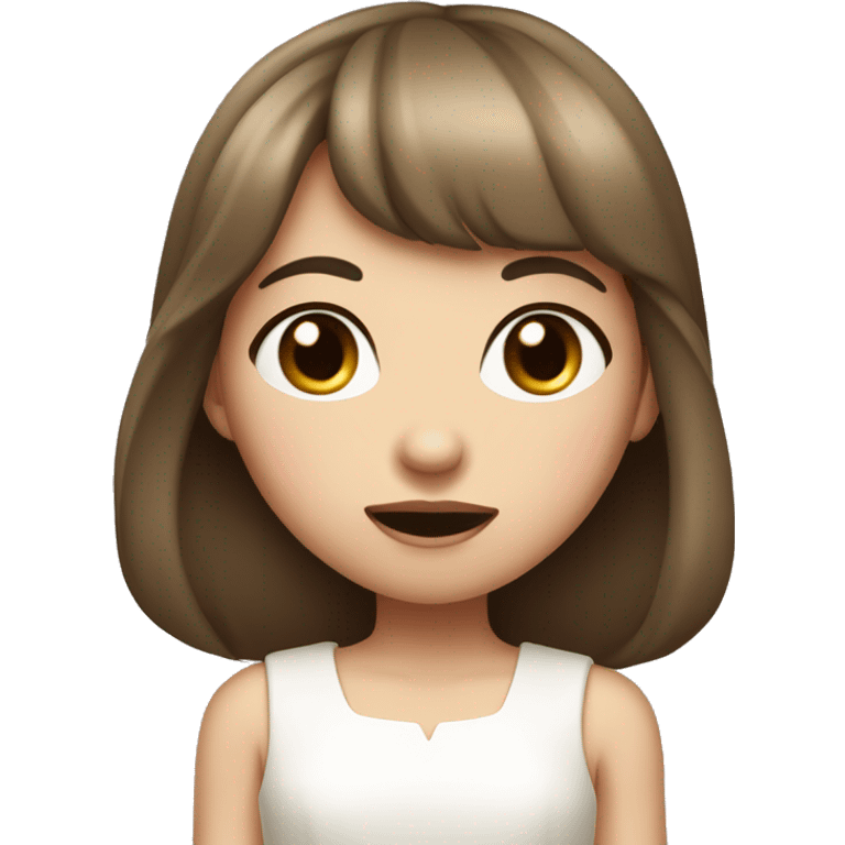 Girl with fair skin and long brown hair with bangs, pink eyes, wearing a pretty white dress, biting her lip. emoji