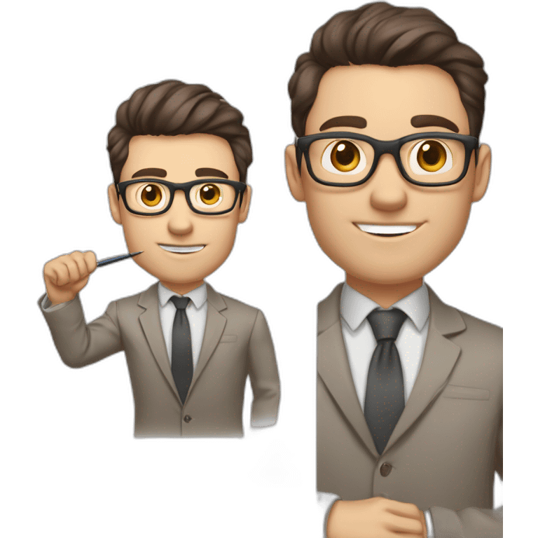 Pale skinned fit man with dark brown hair in gray jacket, beige office shirt, brown tie, brown pants and vintage glasses Writing on the marker board emoji