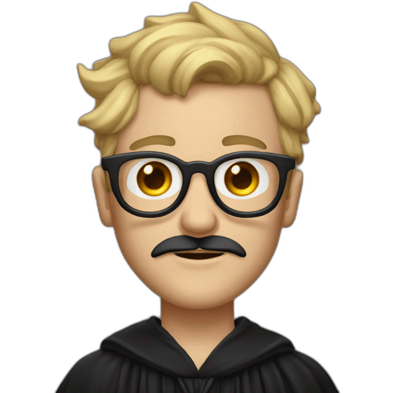 A man with blond messy hair and a mustache, wearing a black squared shaped eye glasses, a black witch hat, black  robe emoji