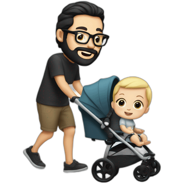 White man with Black hair,  beard and glasses pushing buggy with blonde baby emoji