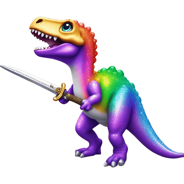 Lisa frank glitter rainbow cute dinosaur with sword and jewels emoji