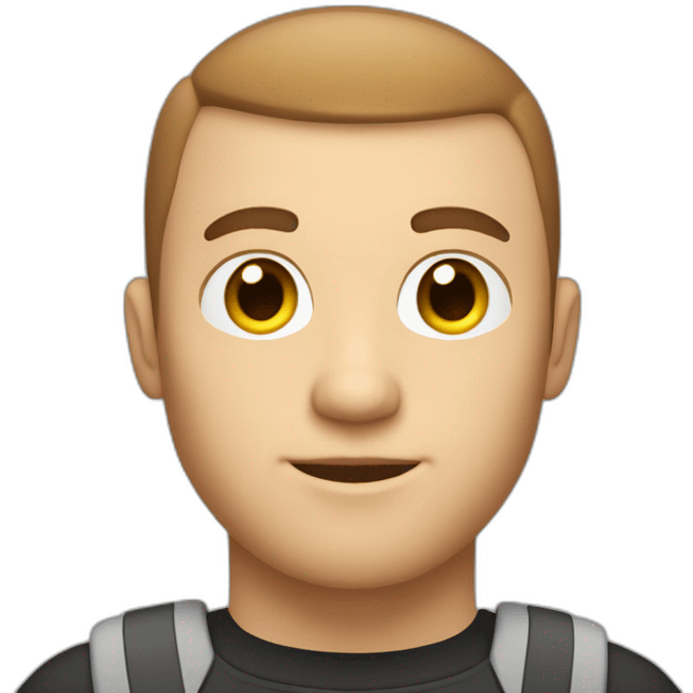 software engineer that is white male, with brown buzz cut hair, with white gold earrings, in front of laptop, apple-style emoji