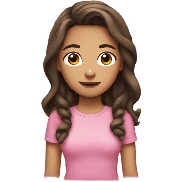 teen girl with light skin, dark brown hair with a middle part, slightly longer than shoulder length, wearing a pink t shirt emoji