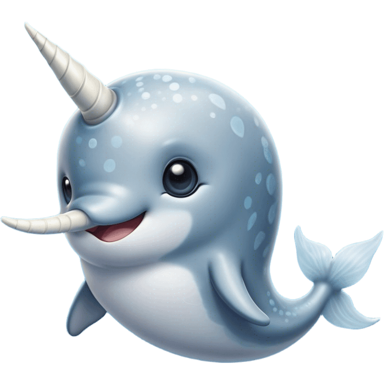 Cinematic Noble Cute Narwhal Portrait Emoji, Poised and graceful, with a streamlined, gently curved body clad in mottled, silvery-gray skin, accented by a long, spiraled ivory tusk and wide, expressive eyes radiating playful intelligence, Simplified yet sharp and sophisticated features, highly detailed, glowing with a cool, frosted ocean glow, high shine, intelligent and enigmatic, stylized with an air of whimsical marine majesty, focused and graceful, soft glowing outline, capturing the essence of a watchful and confident cute narwhal that appears ready to glide out of the screen with effortless charm! emoji