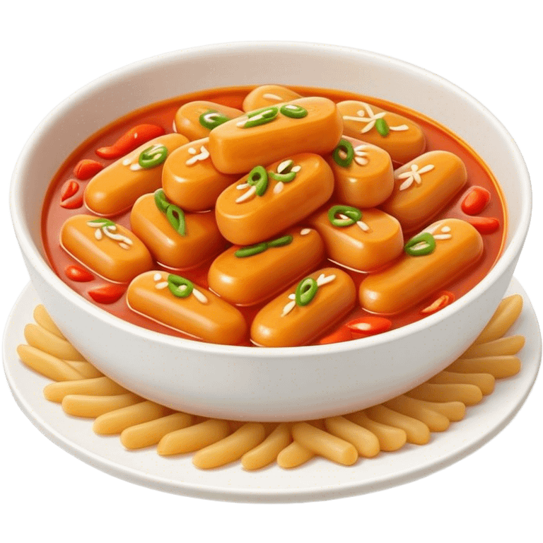 Cinematic Realistic Tteokbokki Dish Emoji, showcasing spicy, chewy rice cakes in a fiery sauce rendered with lifelike detail and bold, dynamic lighting. emoji