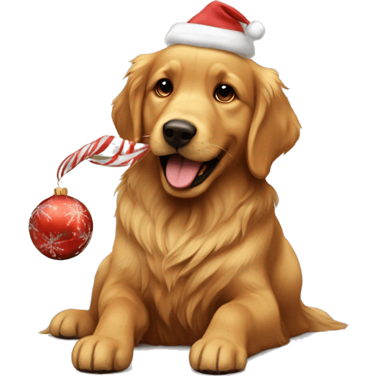 dark brown golden retriever playing with a christmas toy emoji