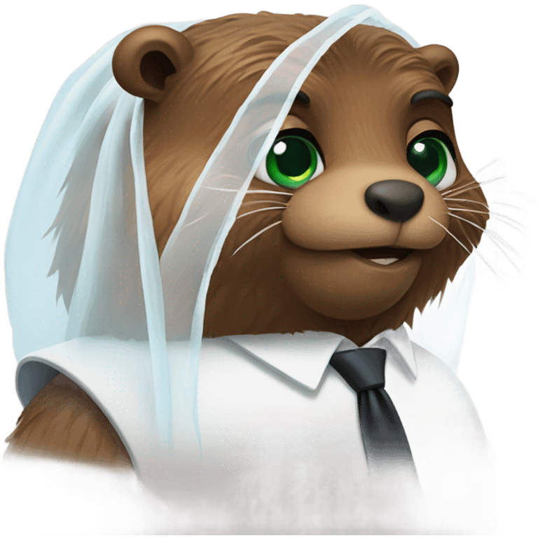 Two beavers in love with one of them with green eyes and also wearing a small wedding veil and the other with blue eyes and wearing a black tie and they’re in love emoji