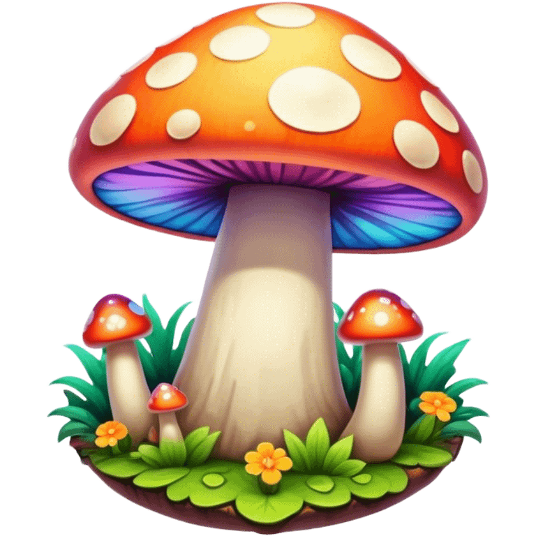 A round psychedelic colored button with bezeled edges and colorful hippie style mushrooms emoji