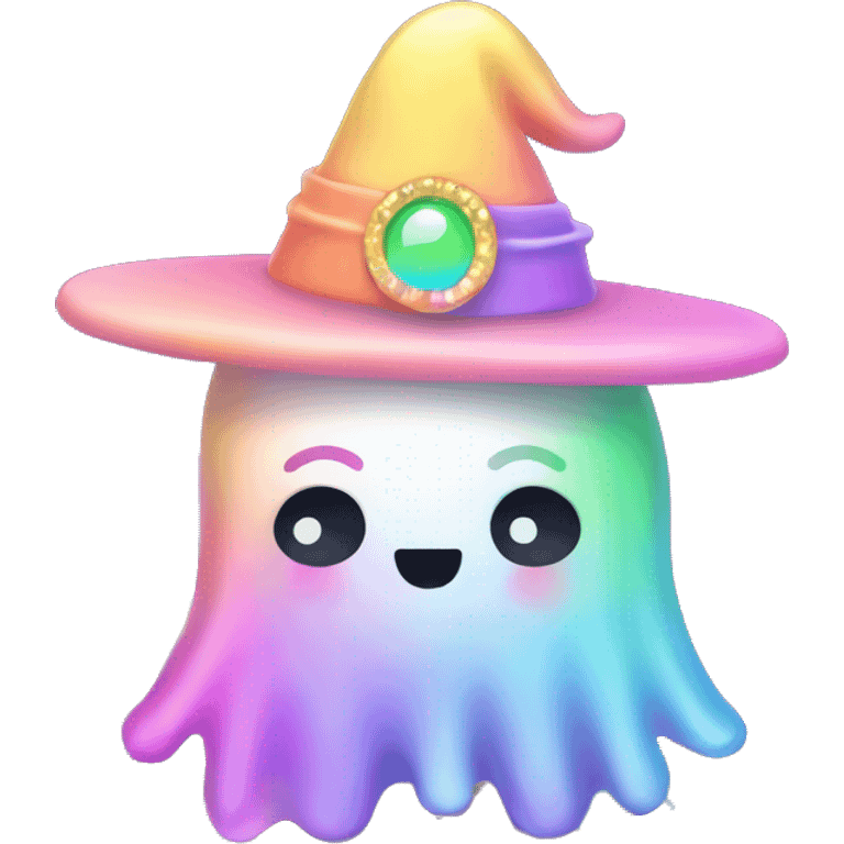 Kawaii rainbow pastel bedazzled ghost wearing witch hat emoji