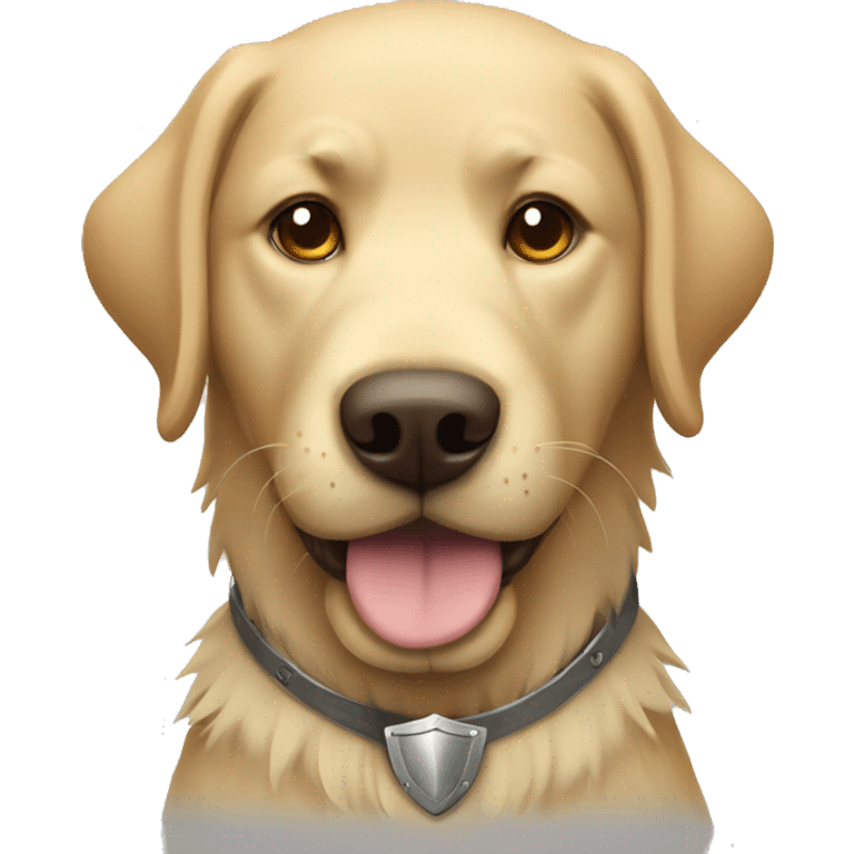 shaggy labrador-like dog with a shield emoji