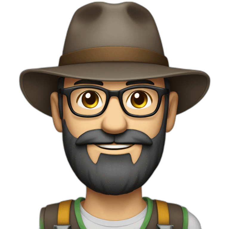 happy smile gardener face long dark beard and bald dark hair round glasses brown eyes and a hat emoji