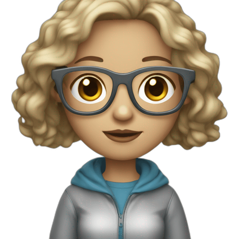 dark-blonde girl with bob wavy hair and blue eyes in glasses silver color glasses holding laptop light skin emoji