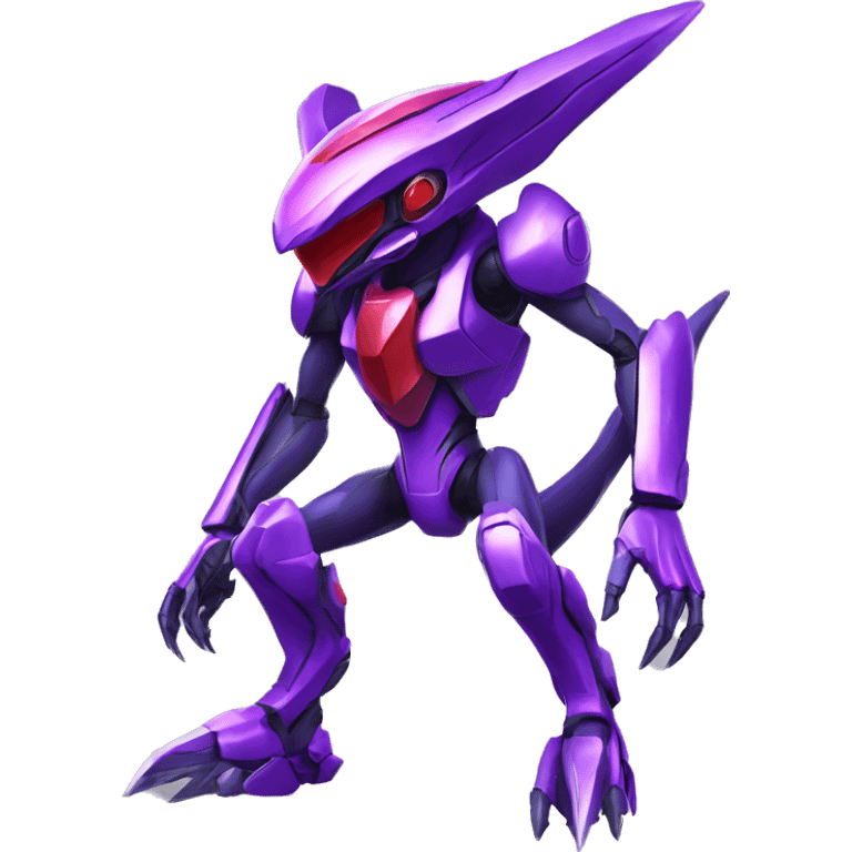 a shiny purple-red Genesect-Raptor-Fakémon—hybrid with a futuristic visor-helmet full body emoji