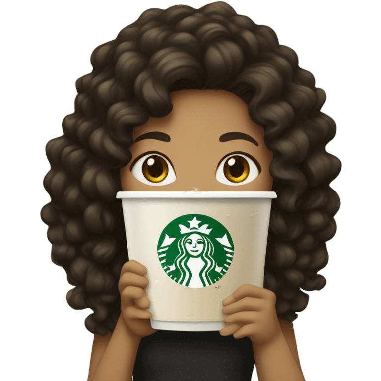 Girl with medium tan skin/  black brown curly long hair with Starbucks  emoji