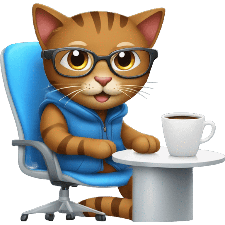 "Create an emoji of a happy brown cat with computer glasses, typing on a blue laptop and taking notes. The cat is sitting on an ergonomic chair with a coffee mug and a potted plant, wearing a winter jacket because the office AC is cold." emoji