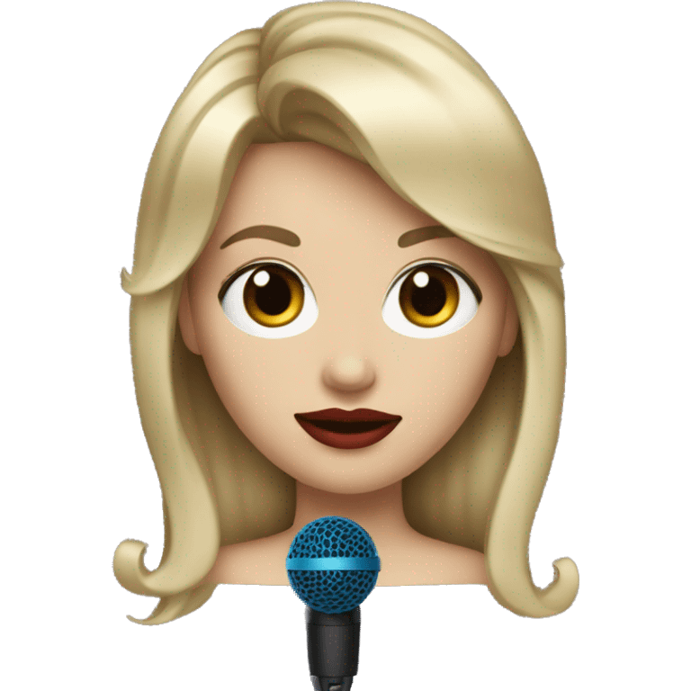 A white woman with dirty blonde hair and bangs with blue eyes and red lipstick with a microphone  emoji