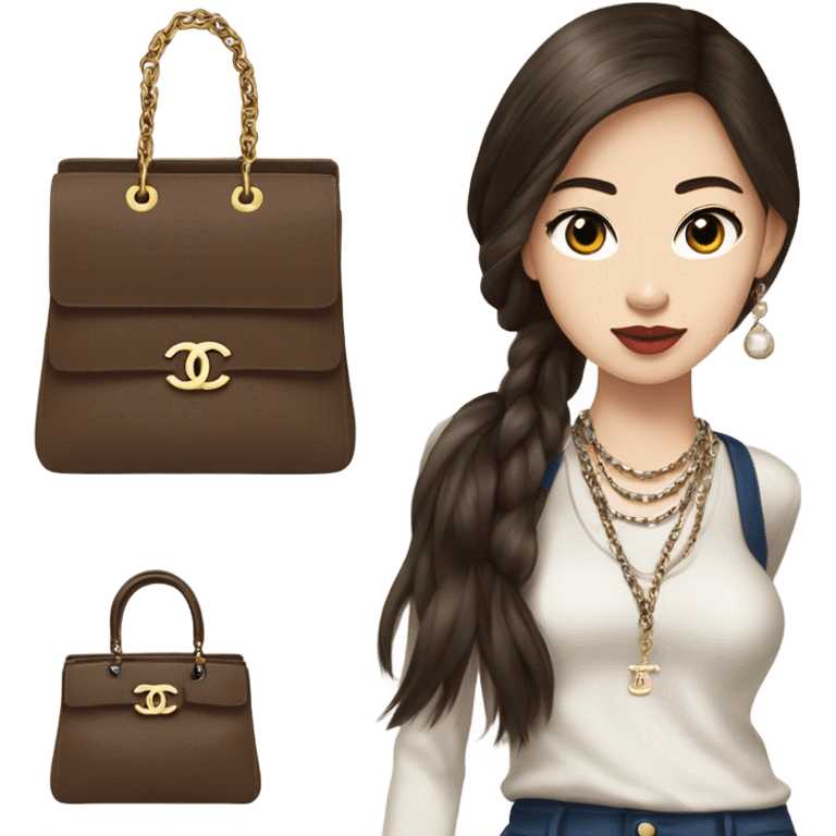 Realistic brown hair blue eyes Chanel Asian Girl with Birkin bag and Chanel necklace emoji