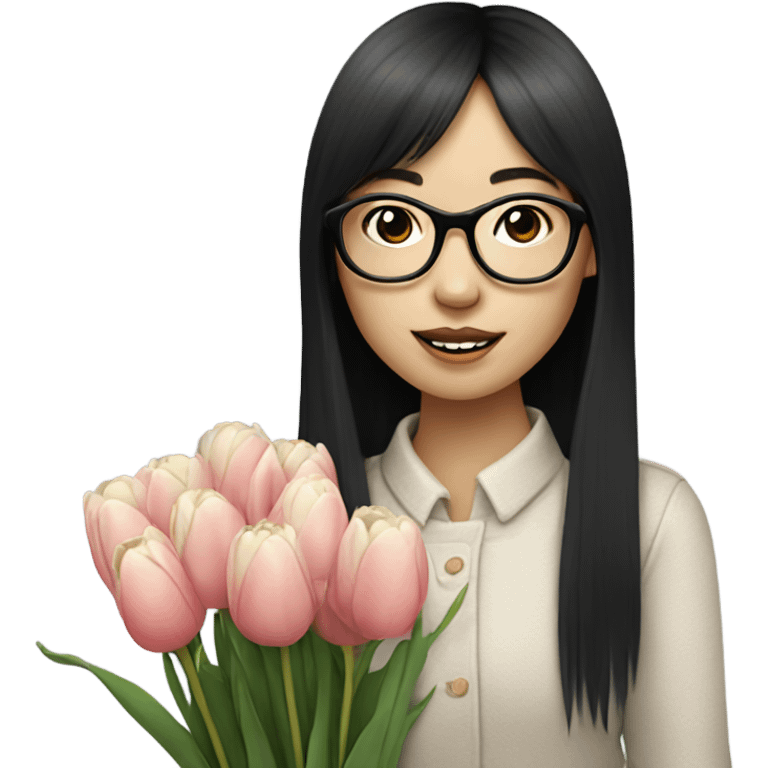 asian pale skin girl with long black shaking hair and bangs and glasses holding tulips emoji