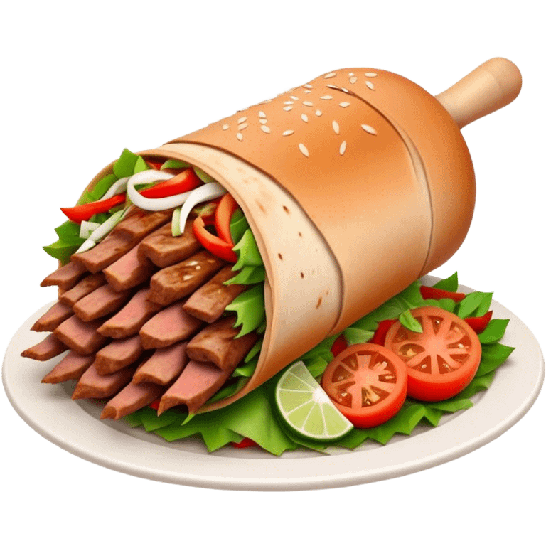 Cinematic Realistic Doner Kebab Dish Emoji, showcasing succulent, spiced meat shaved from a rotating spit rendered with lifelike detail and dynamic, appetizing lighting. emoji