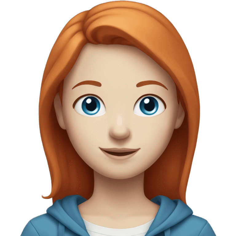 Red haired girl with blue eyes and pale skin wears a blue hoodie. She is smiling. emoji