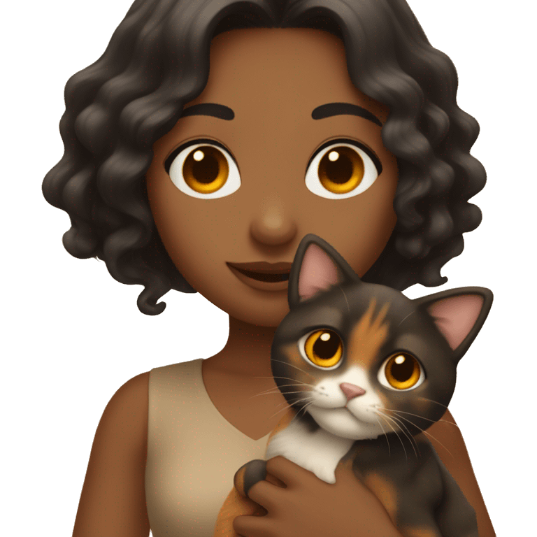 tan girl with long wavy black hair, holding a brown and orange cat emoji