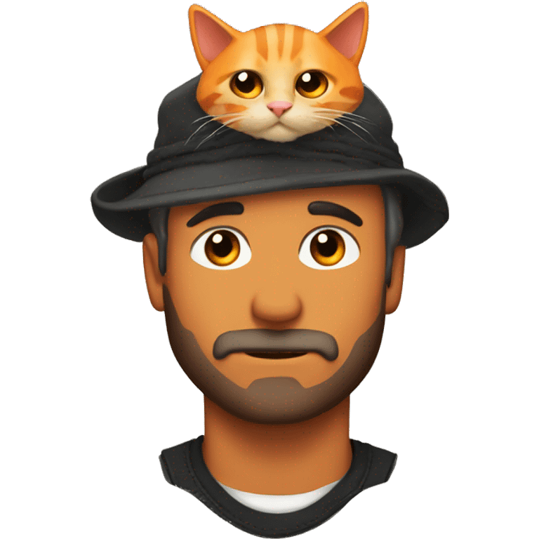 Stubble rugged man with orange and black cat laying on his head emoji