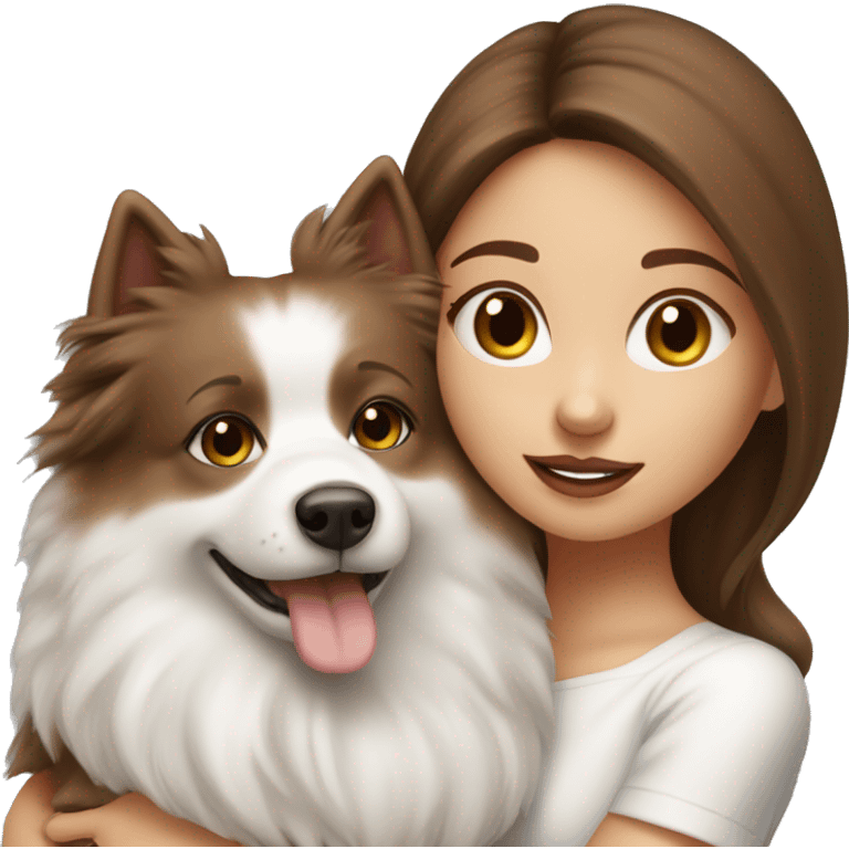 beautiful girl with brown hair kissing her cream white spitz dog emoji