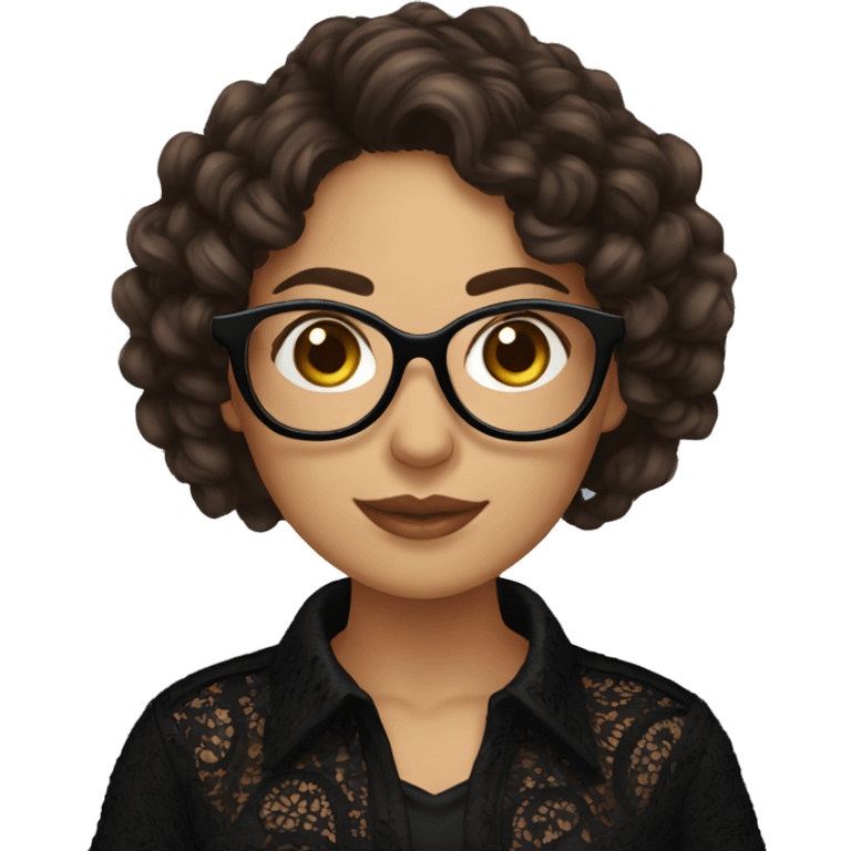 Hispanic woman with black glasses and long brown curly hair holding yarn wearing a black lace shirt emoji