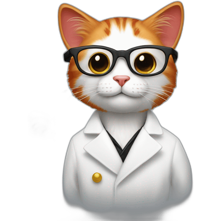 A red cat in a white coat with a feather behind his ear and full-length black glasses with atoms above his head emoji