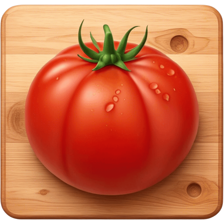 Cinematic juicy ripe tomatoe, deep red, slightly dewy, arranged on a wooden cutting board, soft glowing background, rich and flavorful. emoji