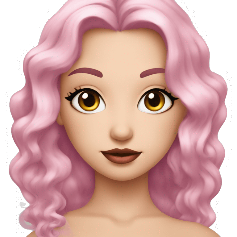 Femmme blanche aux yeux noir avec des cheveux noirs de longue taille , une bouche moyenne de couleur rose de lèvres , des yeux de sirène des sourcils noirs emoji