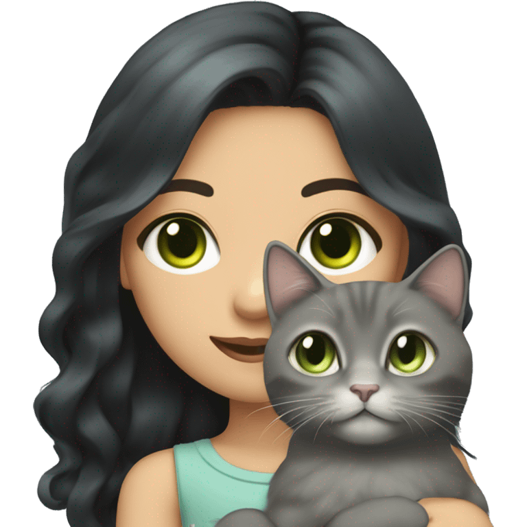 girl with long wavy black hair and dark hazel eyes holding fluffy grey cat with light green eyes emoji