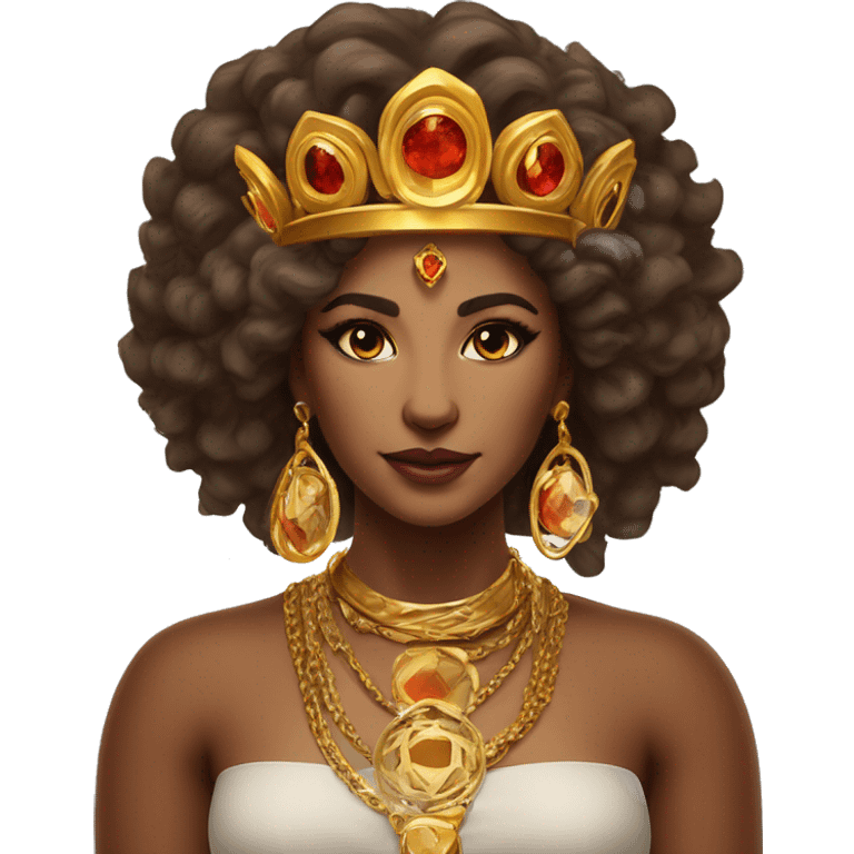 Create an emoji of a confident woman with voluminous lion-like hair, bold makeup, and gold jewelry, embodying the Leo zodiac sign with a regal expression and fiery energy. And a headgear of Leo sign emoji