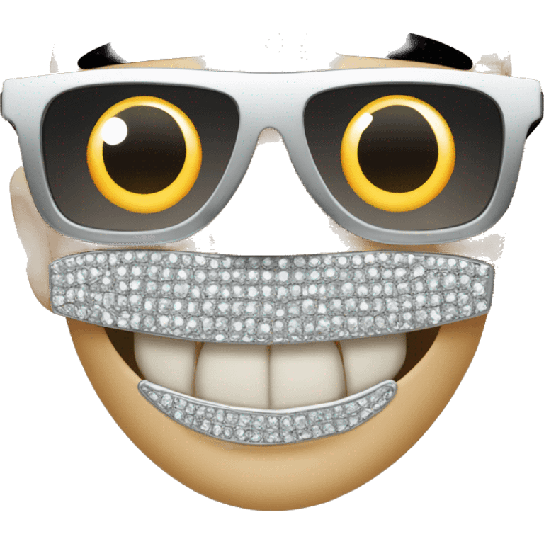 movie star with black sunglasses has shiny diamond teeth, his teeth are diamonds, shiny diamonds and jewels where teeth would be emoji