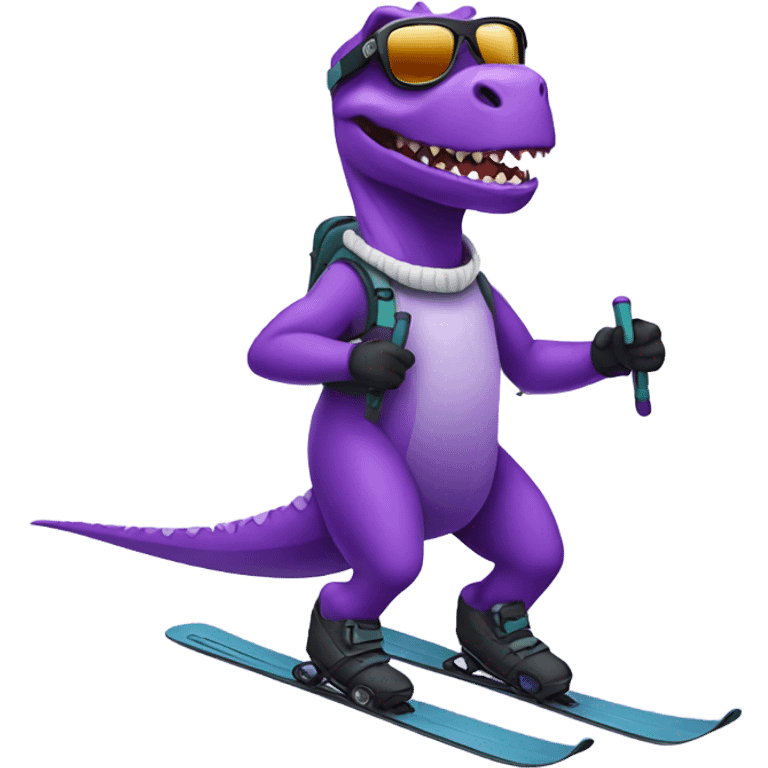 a purple dinosaur skiing with sunglasses and mountains in the back emoji