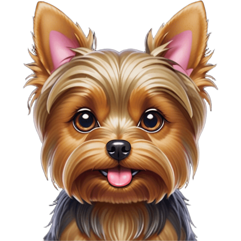 Cinematic Comical Yorkshire Terrier Portrait Emoji, Head tilted dramatically with an exaggeratedly surprised, comical expression and wide, expressive eyes, featuring a perky, well-groomed fur in rich hues, simplified yet hilariously detailed, glowing with a bold, sassy radiance, high shine, exuding playful mischief and cheeky terrier attitude, styled with a soft glowing outline, capturing the essence of a Yorkshire Terrier that appears ready to comically dash out of the frame! emoji