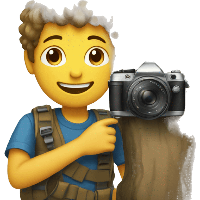 boy with camera by tree, smiling emoji