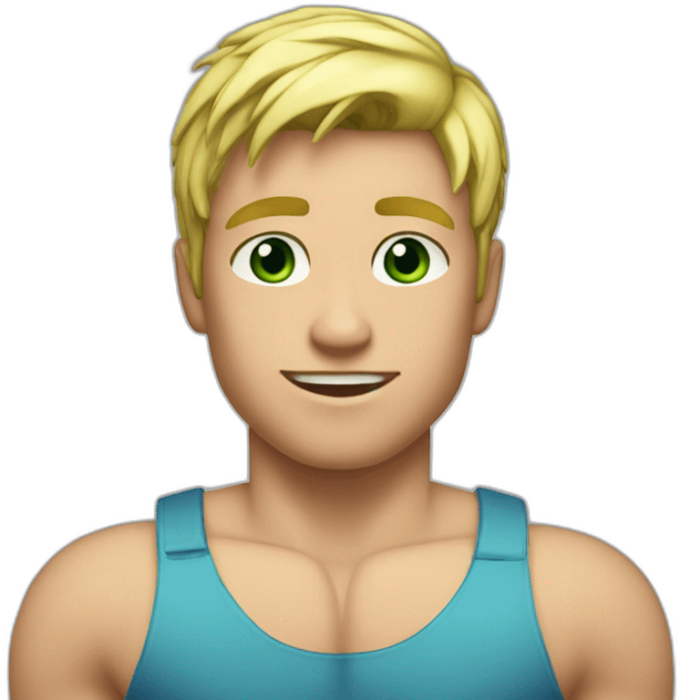 Muscular boy, shirt off, blond hair, green blueish eyes emoji