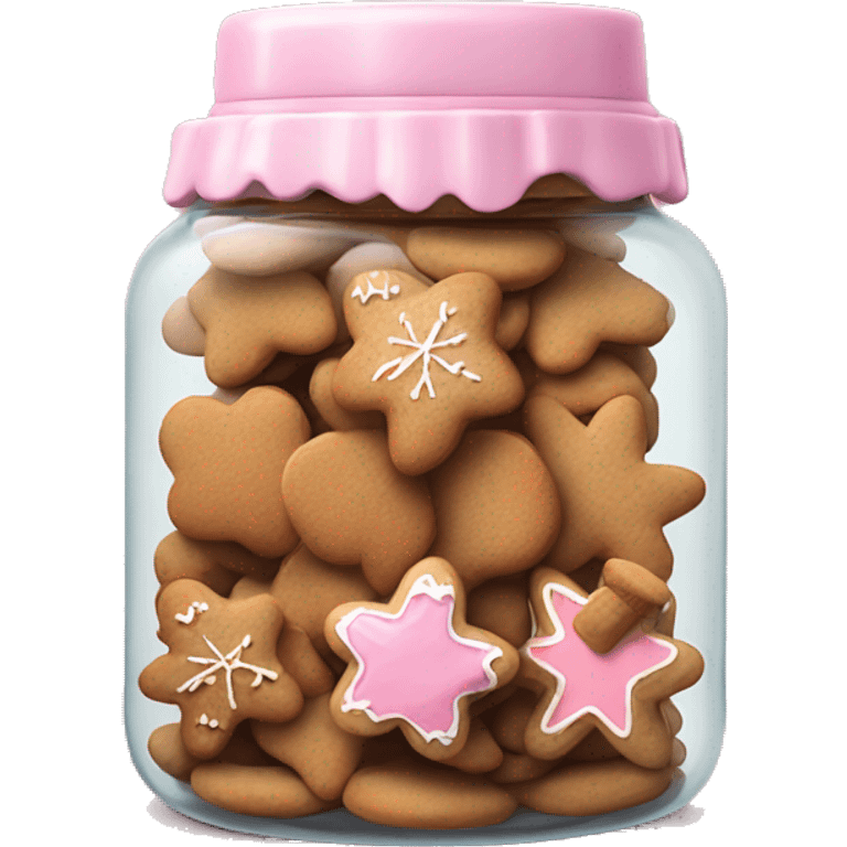 Realistic glass cookie jar with light pink lid full of gingerbread cookies isolated.  emoji