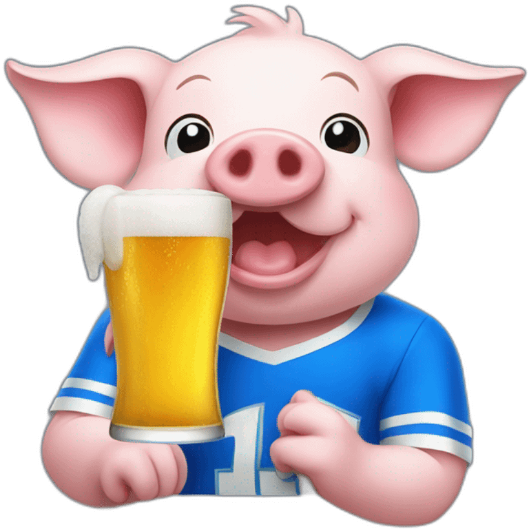 Happy pig drinking beer with a blue soccer shirt emoji