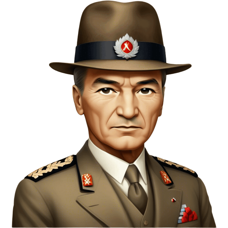 Mustafa Kemal Atatürk (statesman) in traditional hat – Cinematic Realistic Portrait of Mustafa Kemal Atatürk, depicted in dignified traditional attire with a distinctive hat, a resolute and visionary expression illuminated by warm, historic lighting, rendered with rich textures that evoke his transformative leadership. emoji